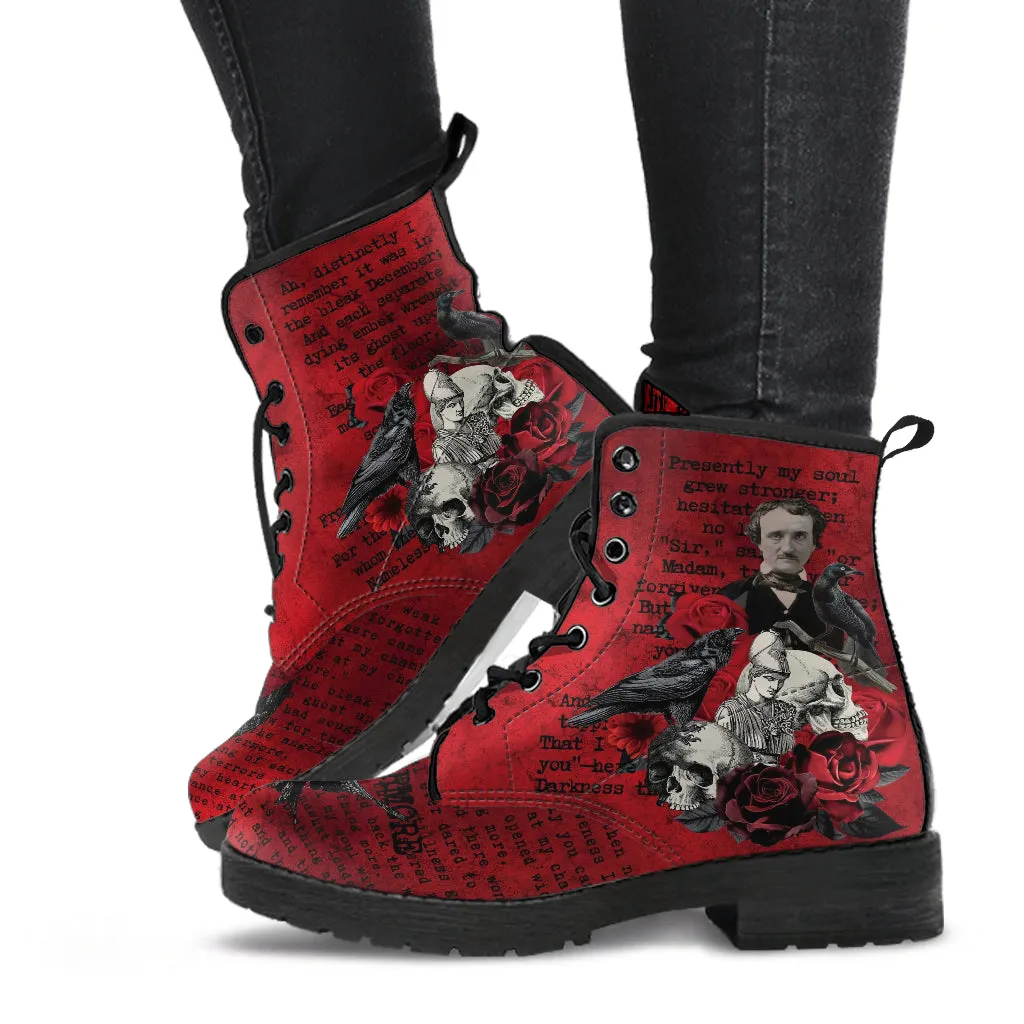 Combat Boots - Edgar Allan Poe Inspired #111 The Raven | Vegan Leather Handmade Lace Up, Custom Shoes Boho, Red Goth Boots, Gothic Skull