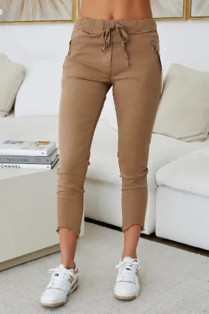 Zip Pocket Crinkle Jogger w/Raw Hem by Milio Milano in Camel